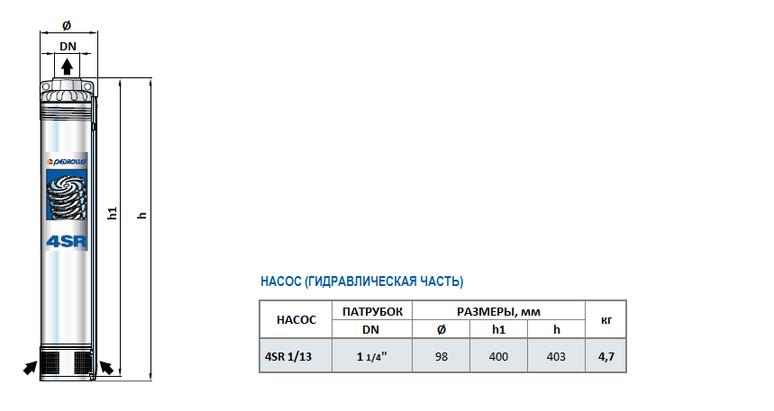 Габаритный чертеж насоса Pedrollo 4SR 1/13