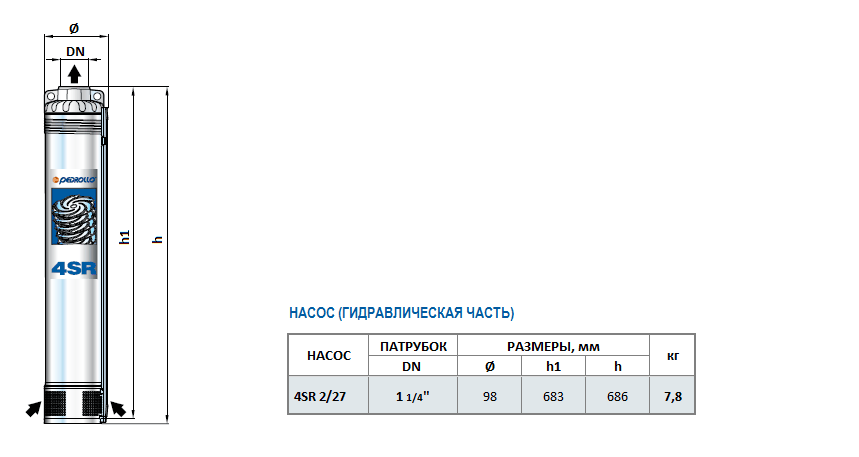 Габаритный чертеж насоса Pedrollo 4SR 2/27