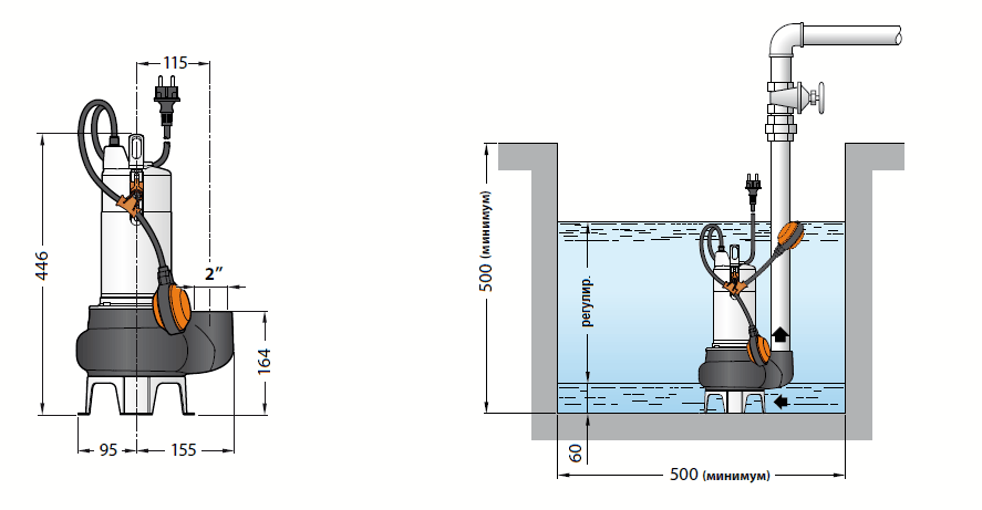 Габаритный чертеж и схема монтажа Pedrollo VX 15/50