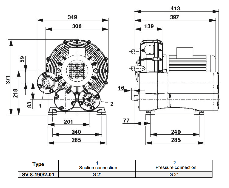 Габаритный чертеж воздуходувки SV 8.190/2-01