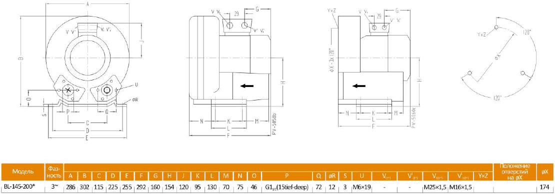 Габаритный чертеж воздуходувки BL-145-200