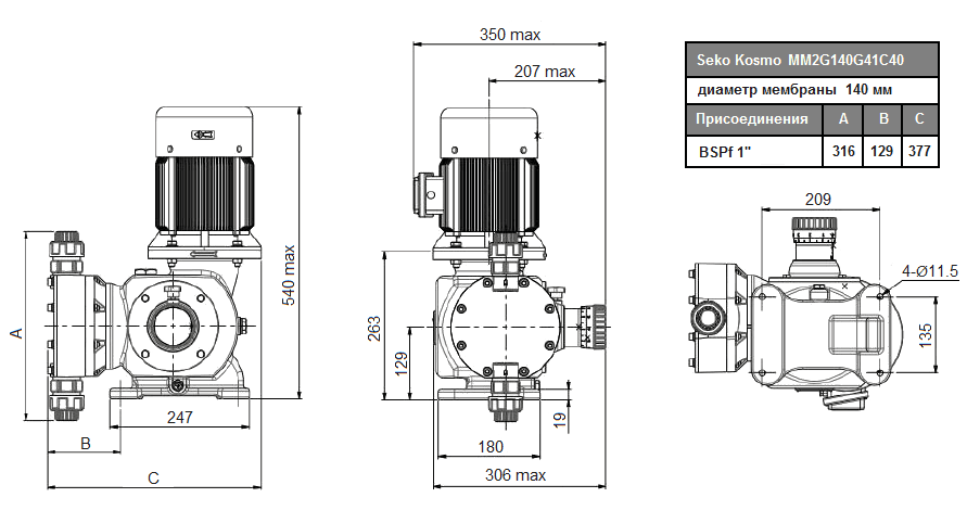Габаритный чертеж насоса Seko Kosmo MM2G140G41C40