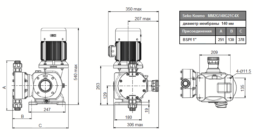 Габаритный чертеж насоса Seko Kosmo MM2G140G21C4X