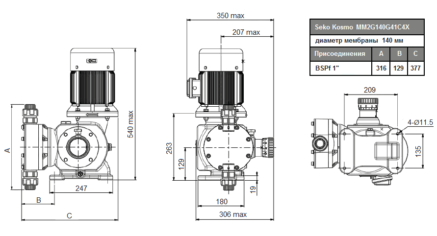 Габаритный чертеж насоса Seko Kosmo MM2G140G41C4X