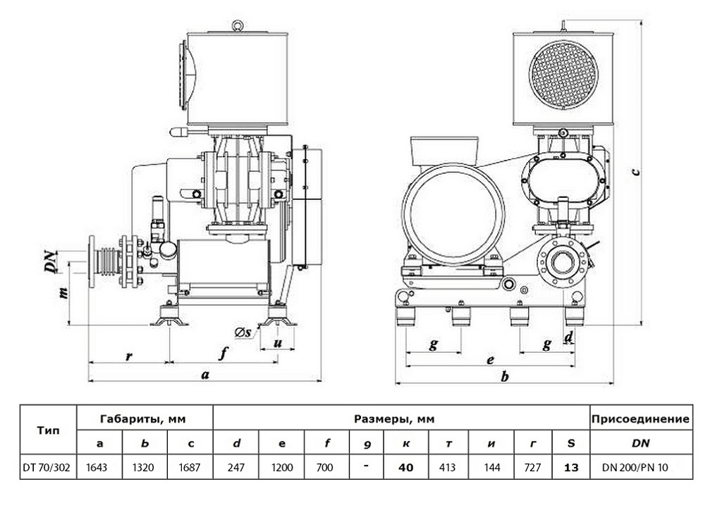 Габаритный чертеж воздуходувки DT 70/302 (800)