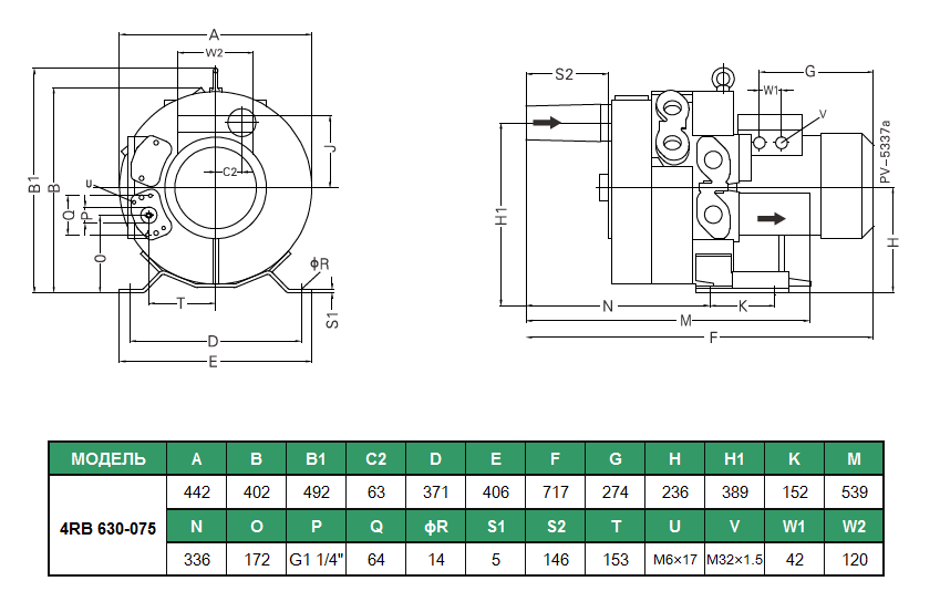 Габаритный чертеж воздуходувки Zenova 4RB 630-075