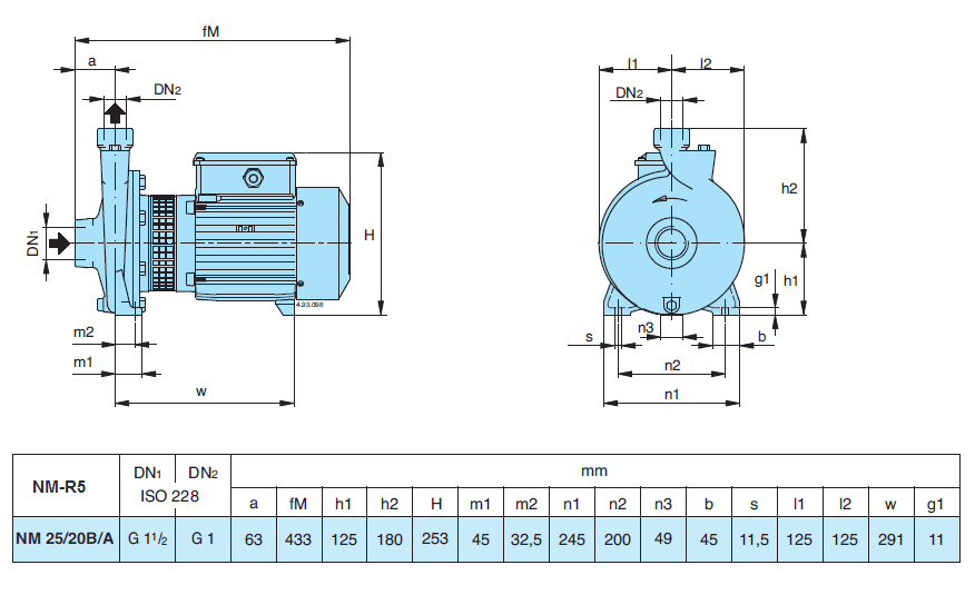 Габаритный чертеж насоса Calpeda NM 25/20B/A-R5