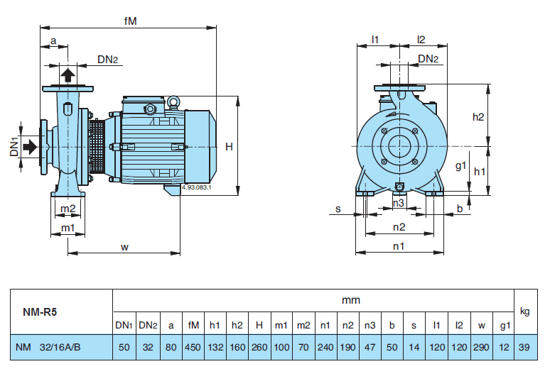 Габаритный чертеж насоса Calpeda NM 32/16A/B-R5