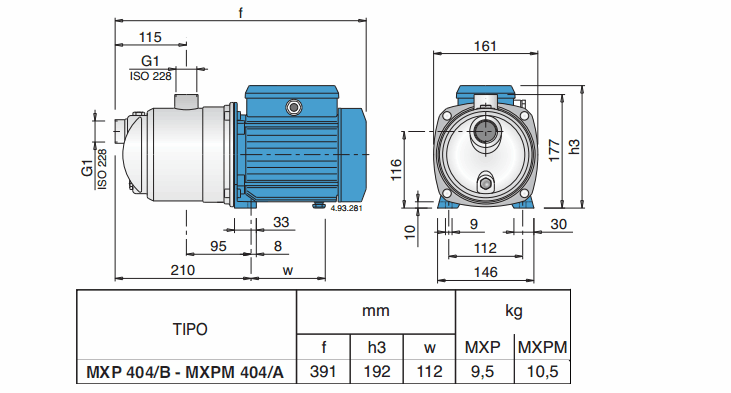 Габаритный чертеж насоса Calpeda MXPM 404/A