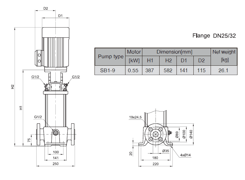 Габаритный чертеж насоса Stairs SB 1-9