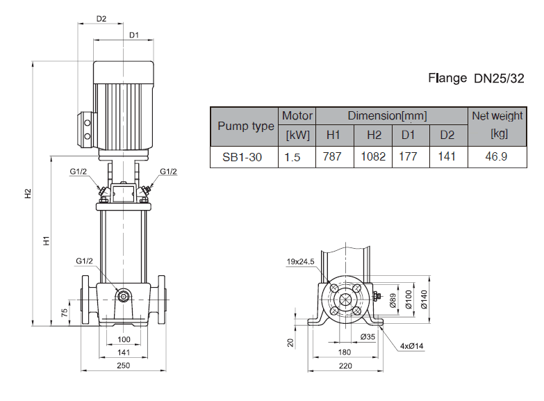 Габаритный чертеж насоса Stairs SB 1-30