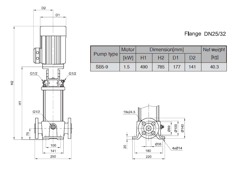 Габаритный чертеж насоса Stairs SB 5-9