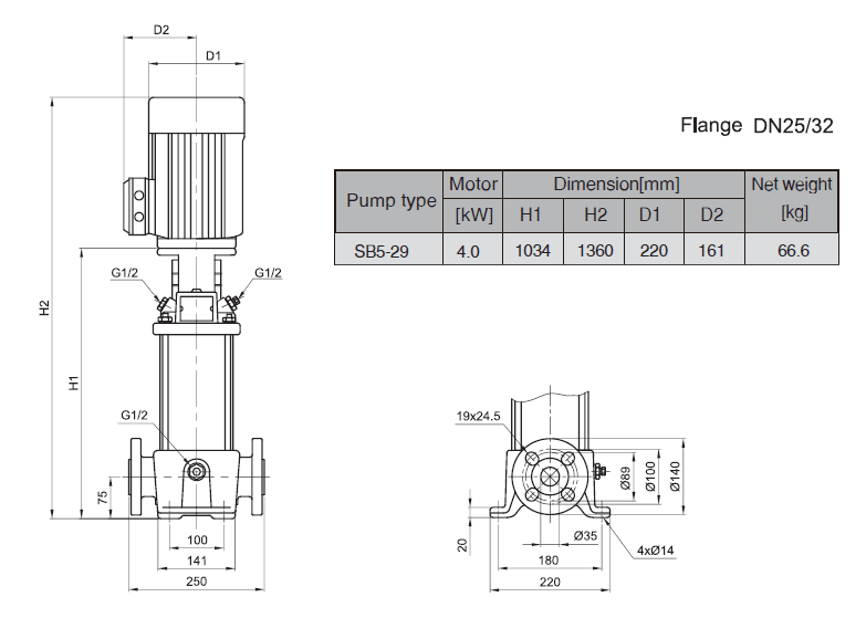 Габаритный чертеж насоса Stairs SB 5-29