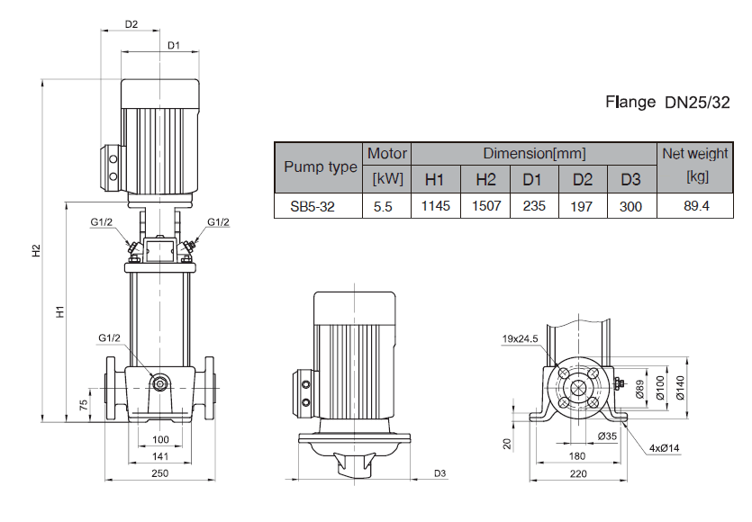 Габаритный чертеж насоса Stairs SB 5-32