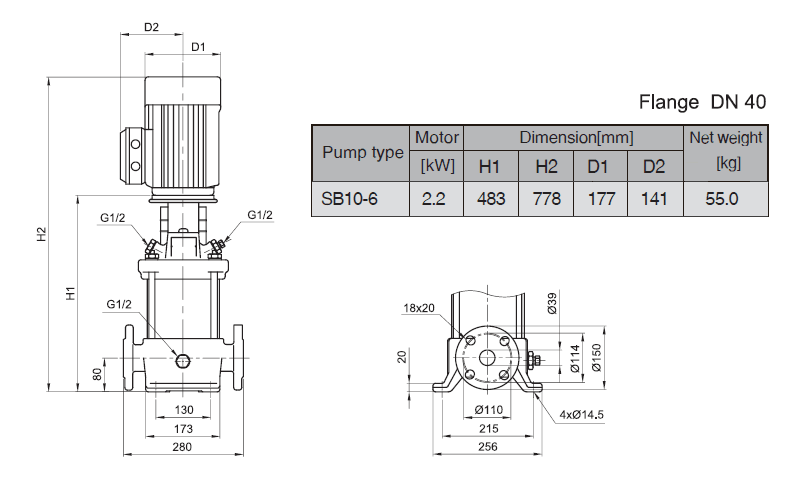 Габаритный чертеж насоса Stairs SB 10-6