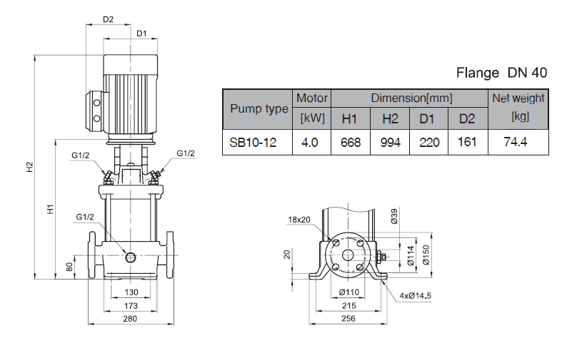 Габаритный чертеж насоса Stairs SB 10-12