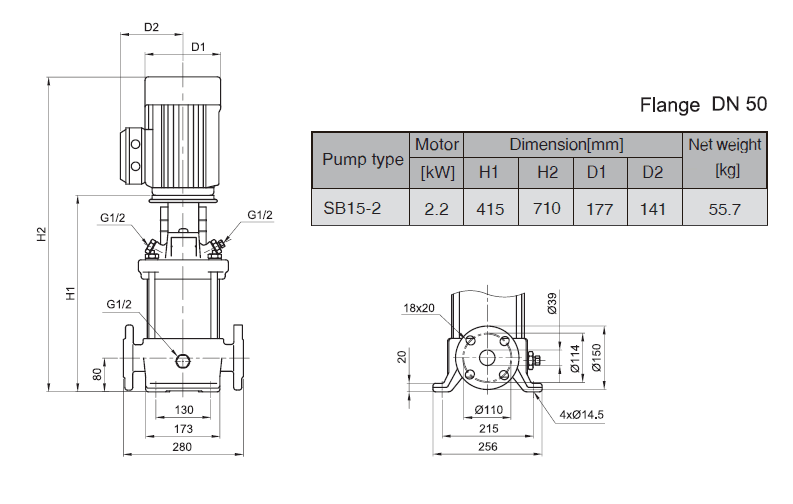 Габаритный чертеж насоса Stairs SB 15-2