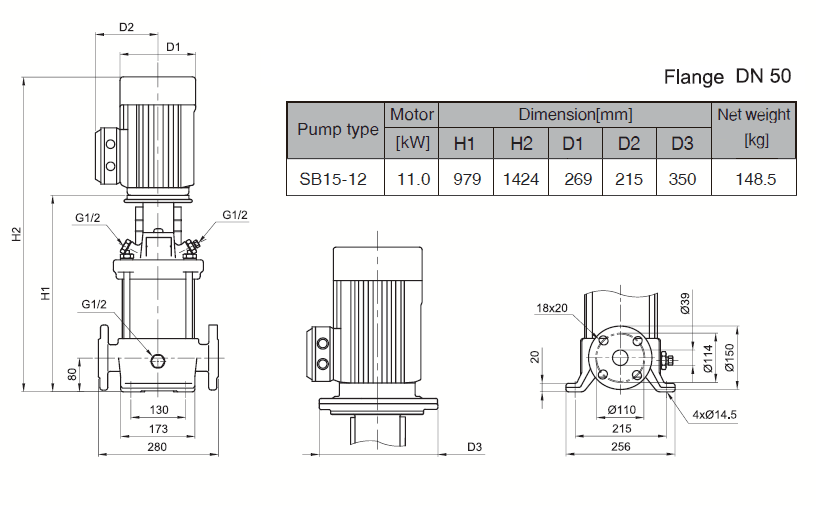 Габаритный чертеж насоса Stairs SB 15-12