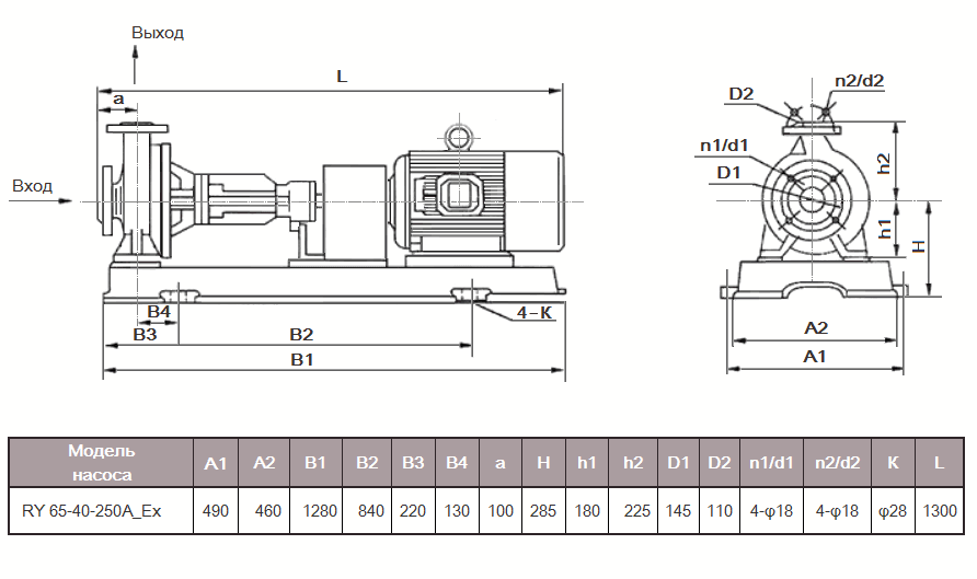 Габаритный чертеж насоса RY 65-40-250A_Ex