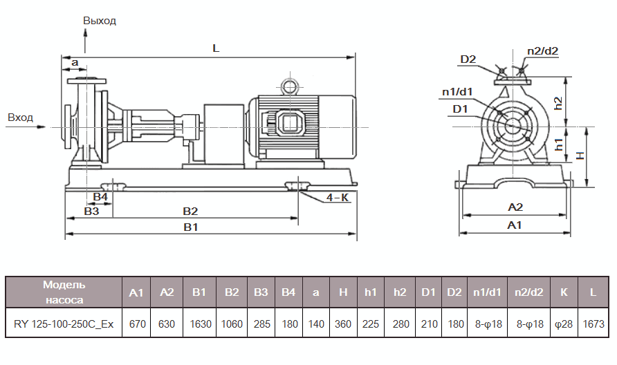 Габаритный чертеж насоса RY 125-100-250C_Ex