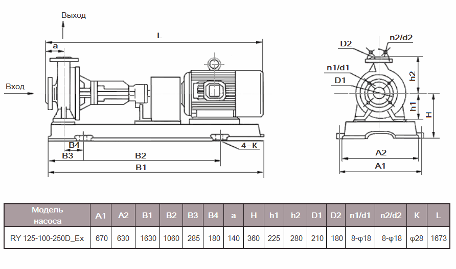 Габаритный чертеж насоса RY 125-100-250D_Ex