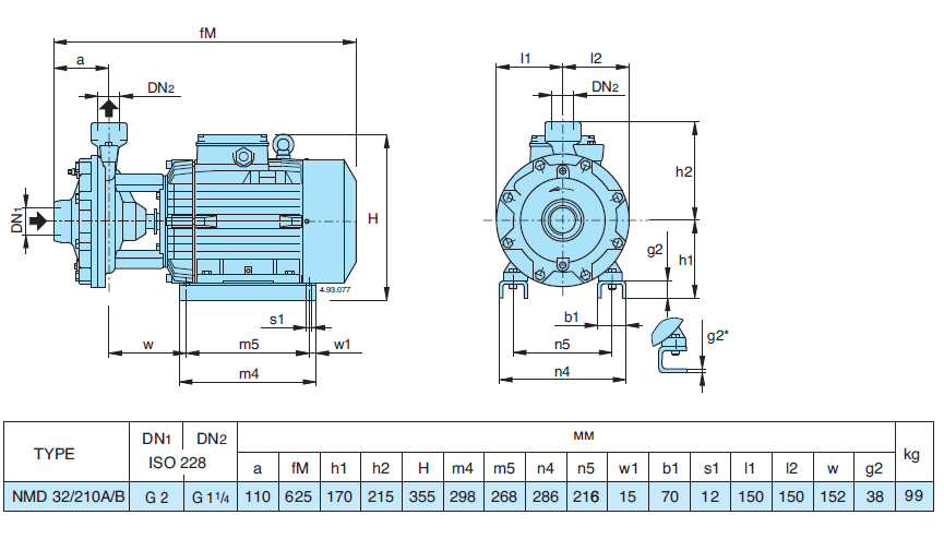 Габаритный чертеж насоса Calpeda NMD 32/210A/B