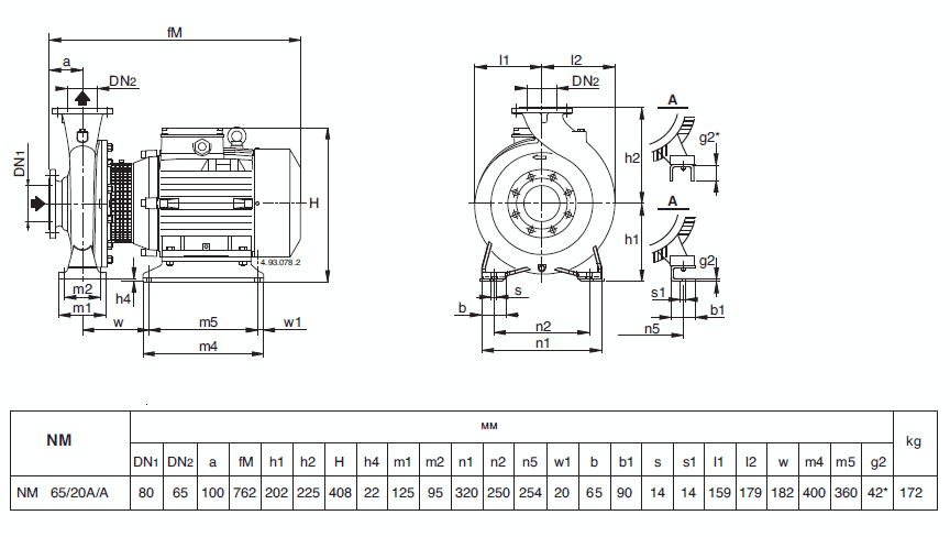 Габаритный чертеж насоса Calpeda NM 65/20A/A
