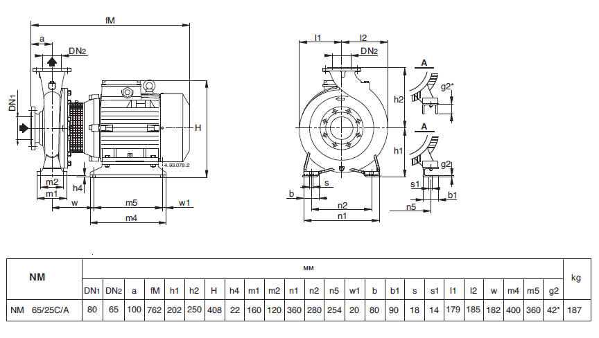 Габаритный чертеж насоса Calpeda NM 65/25C/A