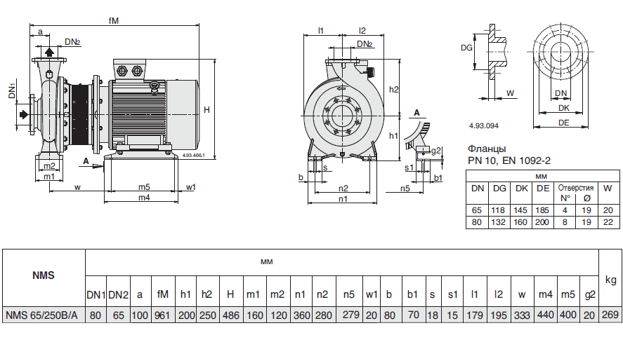 Габаритный чертеж насоса Calpeda NMS 65/250B/A
