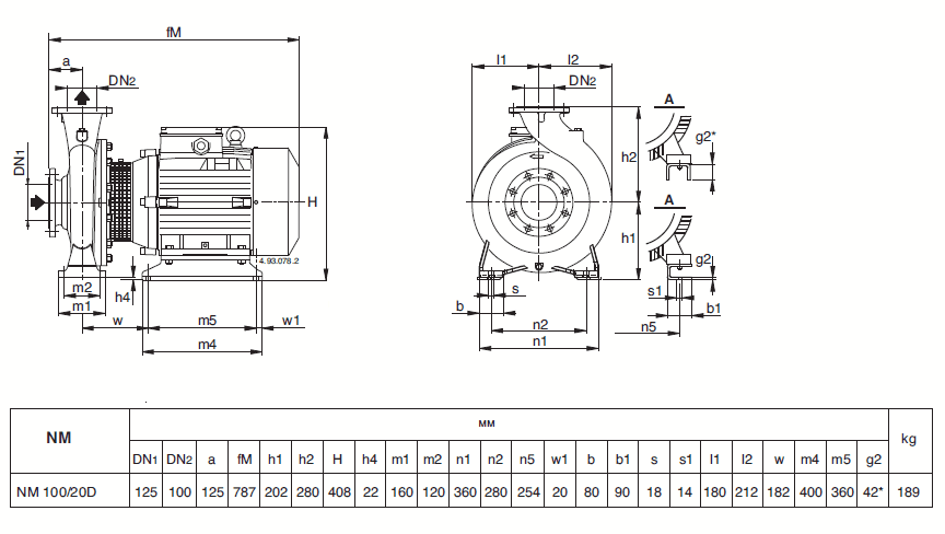 Габаритный чертеж насоса Calpeda NM 100/20D