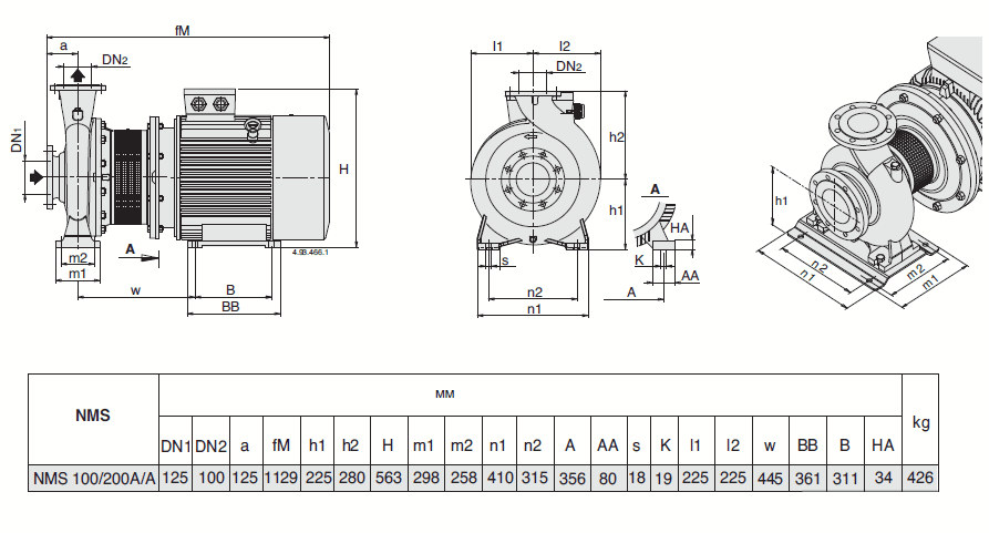 Габаритный чертеж насоса Calpeda NMS 100/200A/A