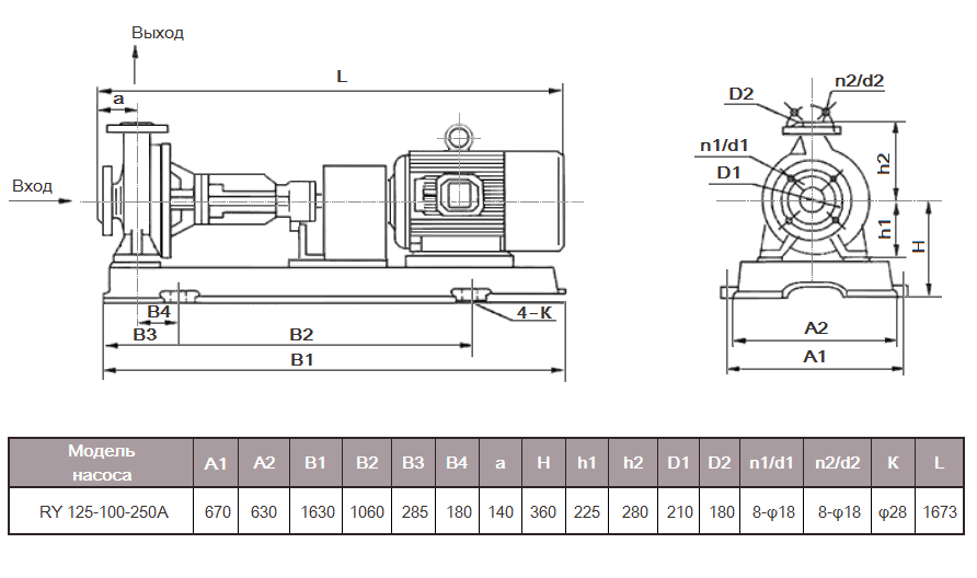 Габаритный чертеж насоса ZY Technology RY 125-100-250А