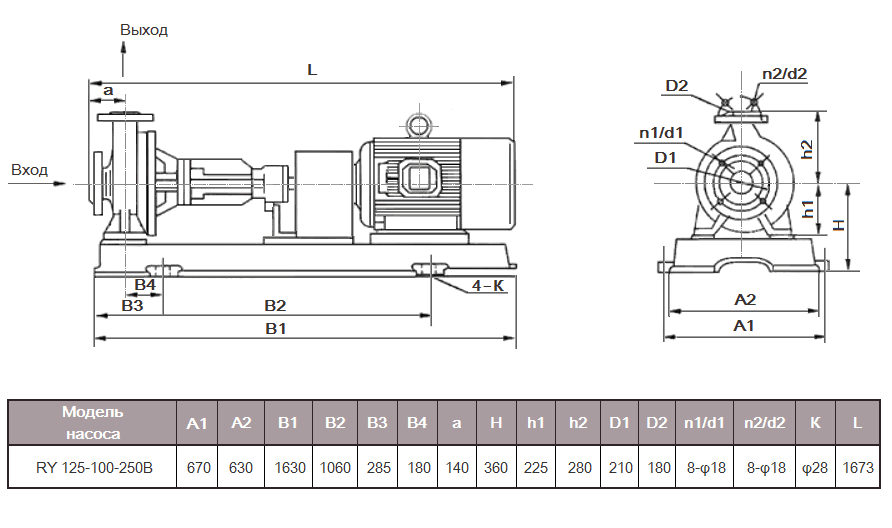 Габаритный чертеж насоса ZY Technology RY 125-100-250B