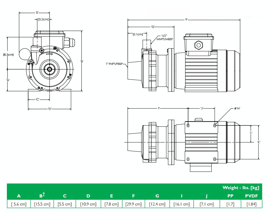 Габаритный чертеж насоса Finish Thompson DB3P-B с э/д 0.12/380В