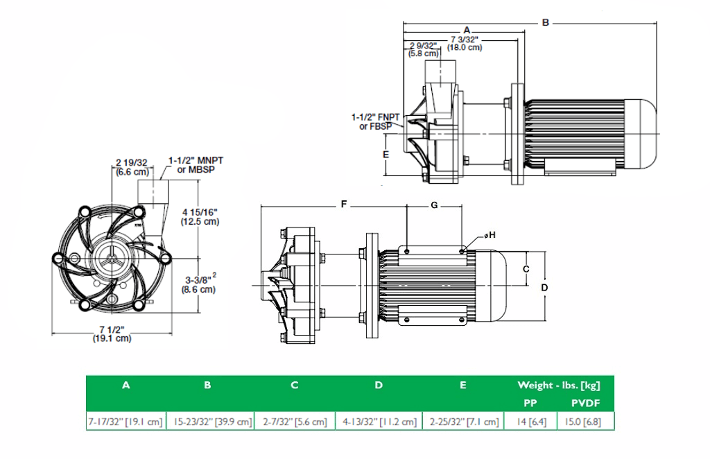 Габаритный чертеж насоса Finish Thompson DB7P-B-4-74 с э/д 0.37/380В