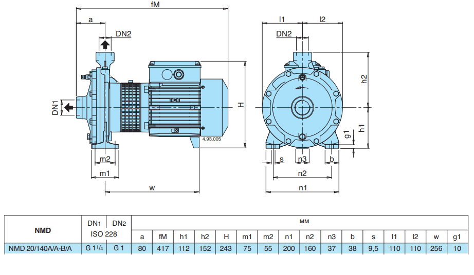 Габаритный чертеж насоса Calpeda NMDM 20/140AE