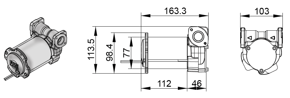 Габаритный чертеж насоса Piusi BY-PASS 3000 INLINE DC 12V