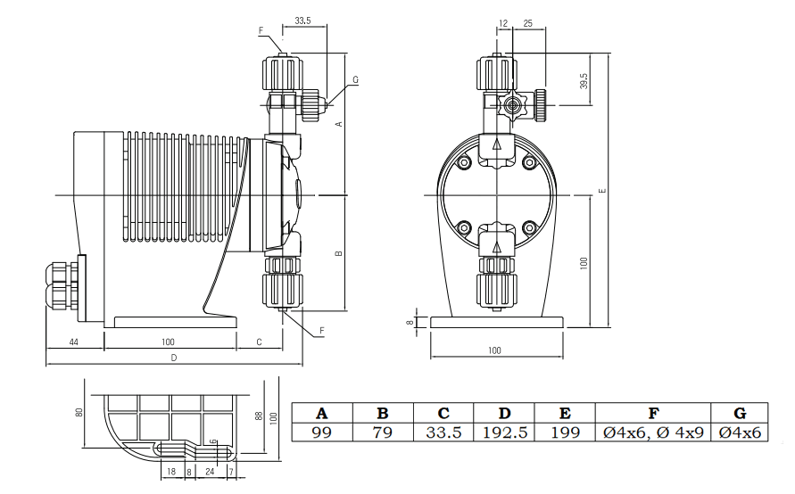 Габаритный чертеж дозировочного насоса SP-C50-PFC-1WS-411