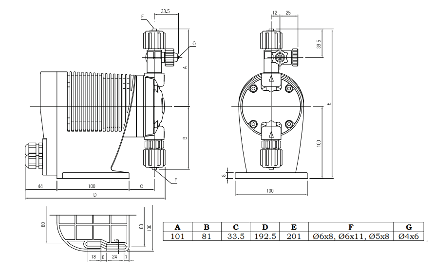 Габаритный чертеж дозировочного насоса SP-C70-PFC-3WS-411
