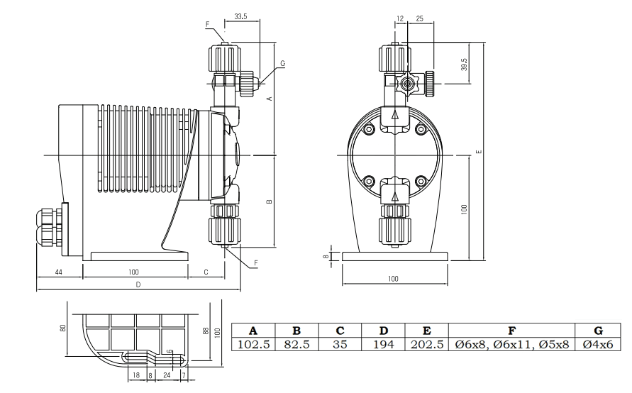Габаритный чертеж дозировочного насоса SP-C100-PFC-3WS-411