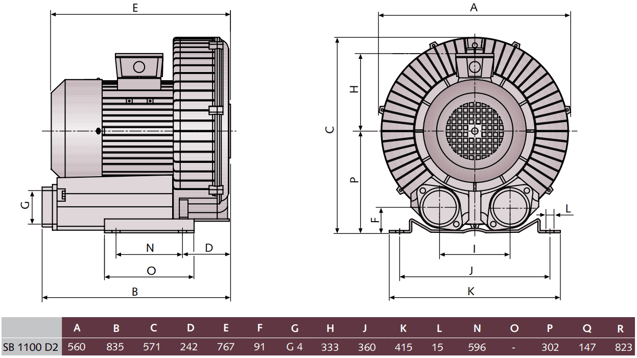 Габаритный чертеж воздуходувки Busch SB 1100 D2
