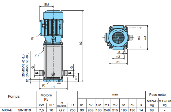 Габаритный чертеж насоса Calpeda MXV-B 50-1810/A