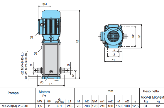 Габаритный чертеж насоса Calpeda MXV-B 25-310/A