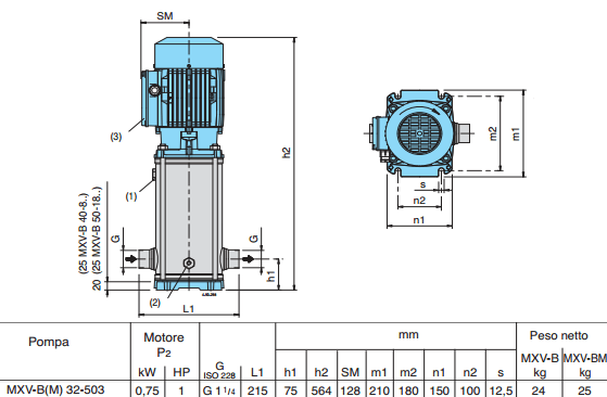 Габаритный чертеж насоса Calpeda MXV-BM 32-503