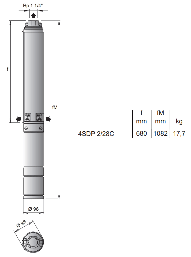 Габаритный чертеж насоса Calpeda 4SDP 2/28