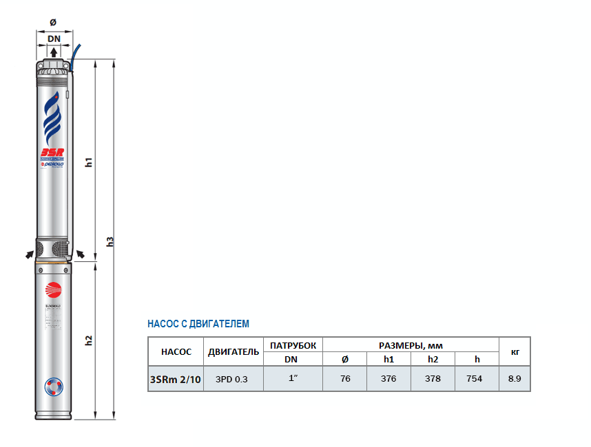 Габаритный чертеж насоса Pedrollo 3SRm 2/10