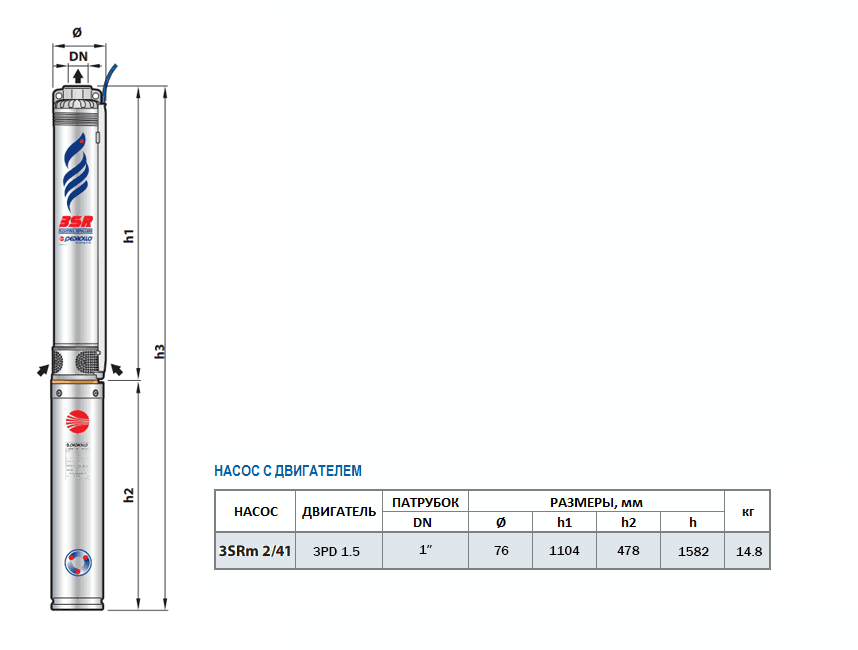 Габаритный чертеж насоса Pedrollo 3SRm 2/41