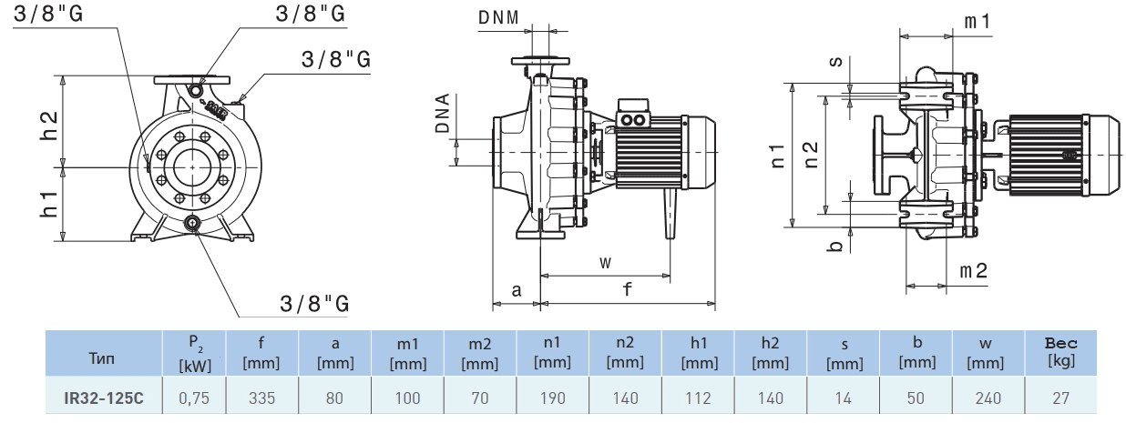 Габаритный чертеж насоса Saer IR32-125 C