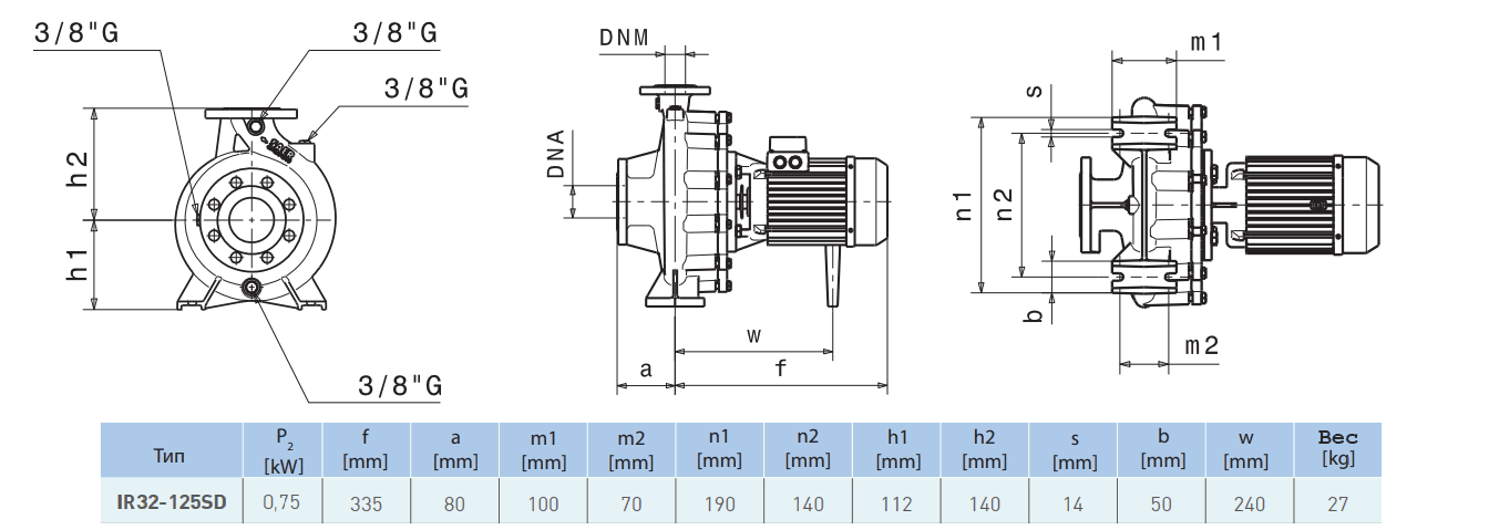 Габаритный чертеж насоса Saer IR32-125 SD