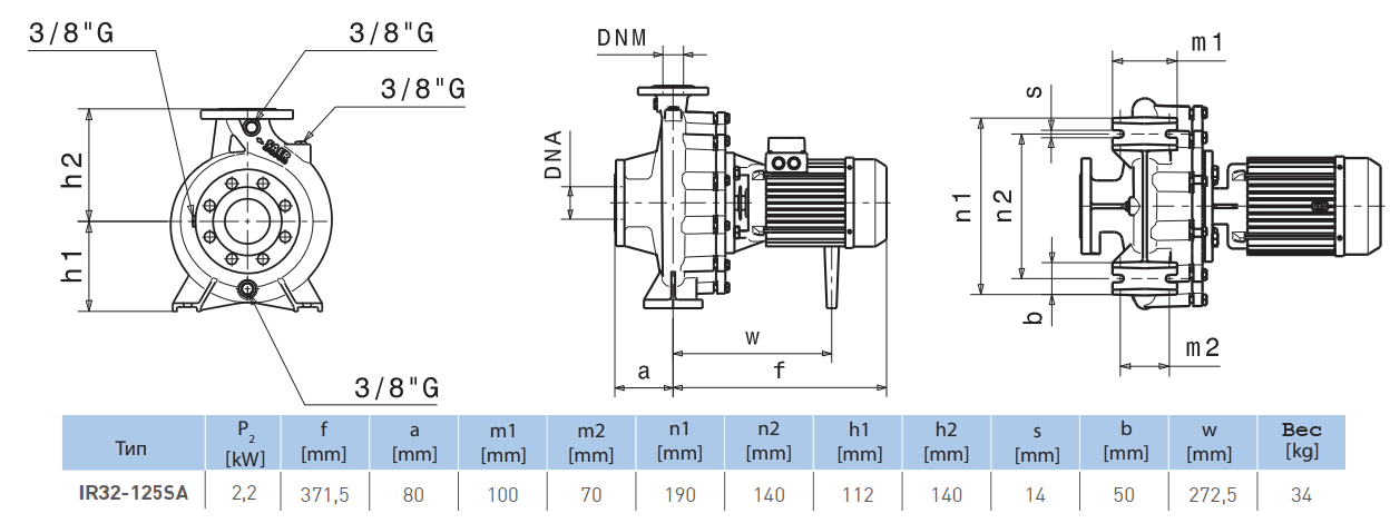 Габаритный чертеж насоса Saer IR32-125 SA